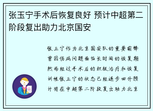 张玉宁手术后恢复良好 预计中超第二阶段复出助力北京国安